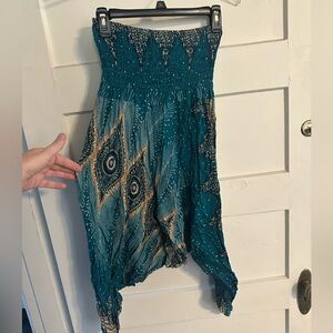 Harem Yoga Pants Jumpsuit Drop Crotch Fitted Hems Peacock